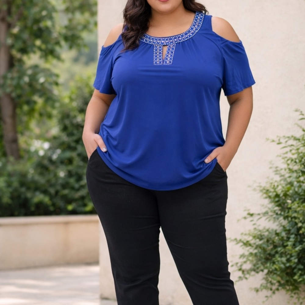 Avenue Top Womens 22/24 Blue Studded Cold Shoulder Keyhole Resort Cocktail Party